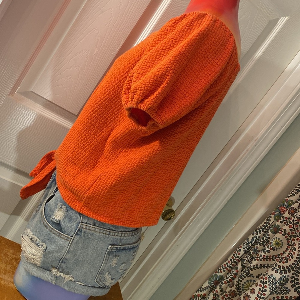 LOFT Orange Puff Sleeve Smocked Blouse - Picture 6 of 11